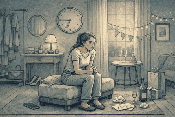 Person sitting alone in a quiet room experiencing visible nervousness and physical tension before an upcoming social event, with a worried expression and clenched hands.