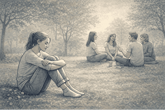 Person sitting apart from a small group in a park setting, looking withdrawn and disconnected, while others engage in friendly conversation nearby.
