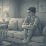 Person sitting alone on a couch with a tense posture and distant expression, representing the emotional exhaustion of being stuck in survival mode after trauma.