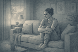 Person sitting alone on a couch with a tense posture and distant expression, representing the emotional exhaustion of being stuck in survival mode after trauma.