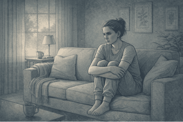 Person sitting alone on a couch with a tense posture and distant expression, representing the emotional exhaustion of being stuck in survival mode after trauma.