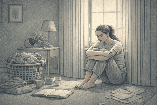 Person sitting alone by a window, looking withdrawn and emotionally overwhelmed, surrounded by untouched daily tasks, reflecting the persistent weight of complicated grief.