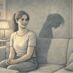 Person with masked depression smiling outwardly while sitting alone in a room, showing the contrast between public persona and private struggle with hidden mental health challenges.