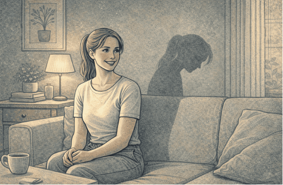 Person with masked depression smiling outwardly while sitting alone in a room, showing the contrast between public persona and private struggle with hidden mental health challenges.