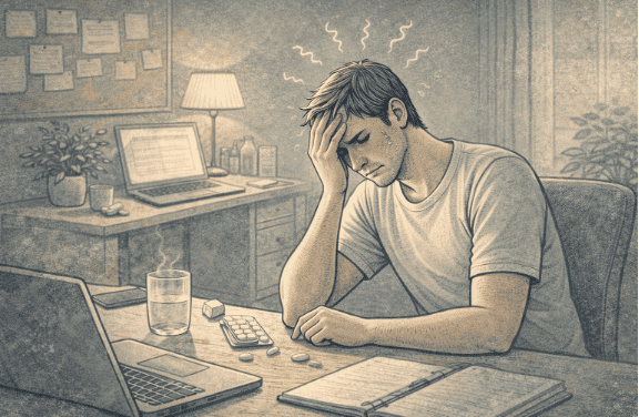 Person experiencing chronic fatigue and headaches while sitting at a desk, illustrating how masked depression manifests through unexplained physical symptoms rather than obvious emotional distress.