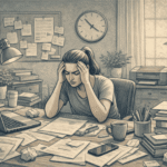 Person sitting at a desk with their hands pressed against their temples, eyes closed, visibly overwhelmed by acute stress while papers and a laptop surround them in a busy home office.