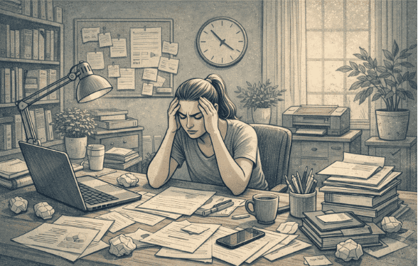 Person sitting at a desk with their hands pressed against their temples, eyes closed, visibly overwhelmed by acute stress while papers and a laptop surround them in a busy home office.