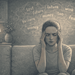 A woman sitting on a couch with eyes closed and hands pressed to her temples, experiencing racing thoughts during a bipolar episode in a dimly lit living room.