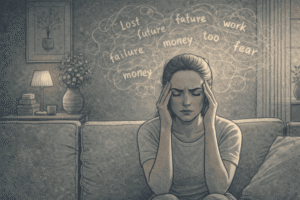 A woman sitting on a couch with eyes closed and hands pressed to her temples, experiencing racing thoughts during a bipolar episode in a dimly lit living room.