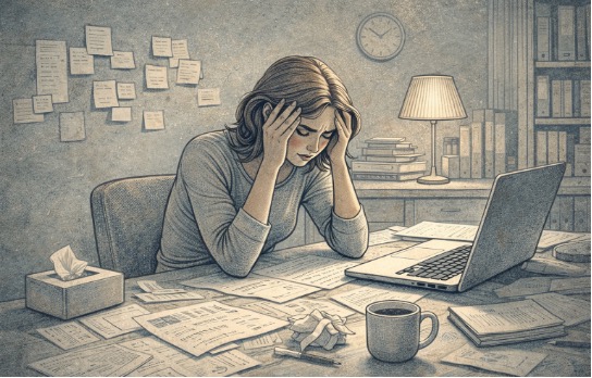 Young woman sitting at a cluttered desk pressing her hands against her temples with a strained expression, surrounded by scattered papers and an open laptop, showing signs of mounting anxiety and emotional overload.