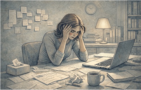Young woman sitting at a cluttered desk pressing her hands against her temples with a strained expression, surrounded by scattered papers and an open laptop, showing signs of mounting anxiety and emotional overload.