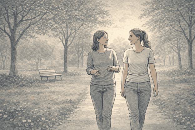 Two people walking together along a tree-lined path, engaged in relaxed conversation, representing the value of low-pressure social routines in overcoming isolation.