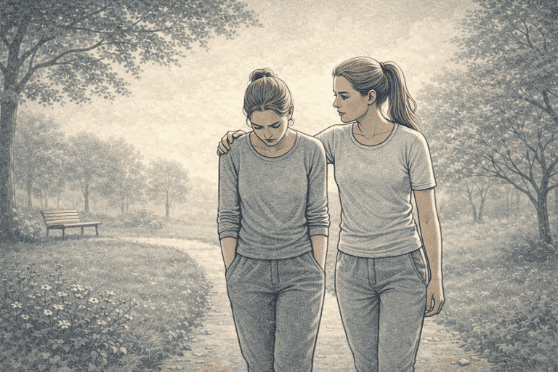 Two friends walking together outdoors in a peaceful park setting, one offering comfort and companionship to the other during a difficult time.