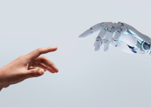 Human hand meeting robot hand representing AI in mental health treatment