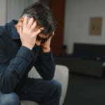 Man with his head in his hands struggling to achieve mental health stigma reduction