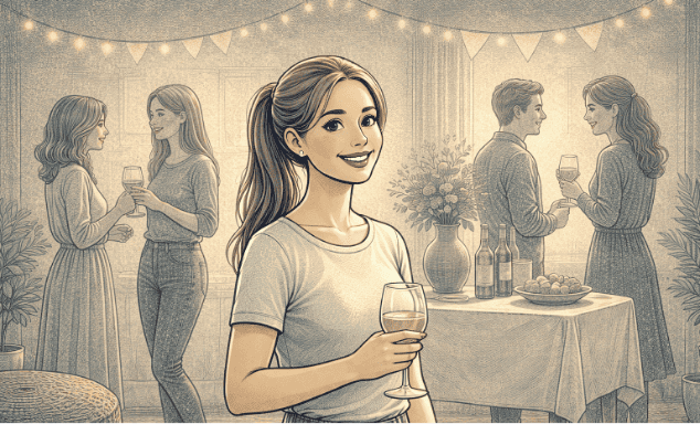 Woman appearing cheerful and put-together at a social gathering while internally experiencing the emotional exhaustion and emptiness of masked depression.