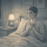 Person sitting upright in bed at night, clutching their chest with a distressed expression, illuminated by soft lamplight in a quiet bedroom.