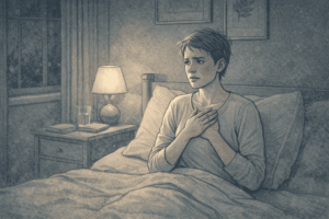 Person sitting upright in bed at night, clutching their chest with a distressed expression, illuminated by soft lamplight in a quiet bedroom.