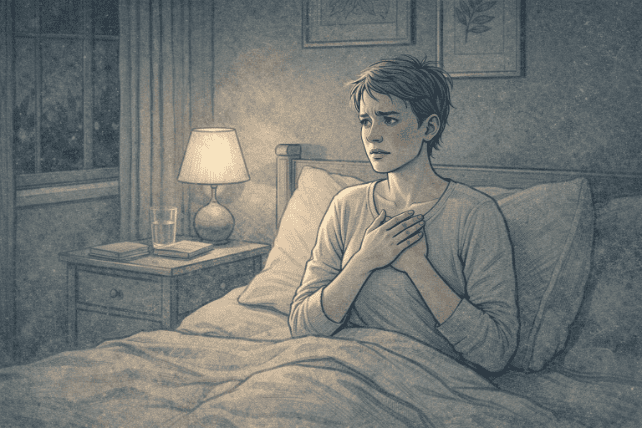 Person sitting upright in bed at night, clutching their chest with a distressed expression, illuminated by soft lamplight in a quiet bedroom.