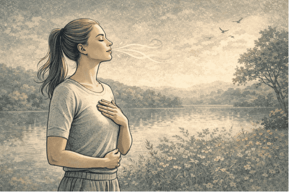An illustration of a woman practicing a deep breathing exercise outdoors.