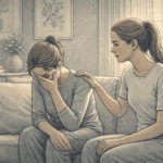 Person sitting beside a grieving friend on a sofa, offering quiet emotional support with a hand on their shoulder in a calm, softly lit living room.
