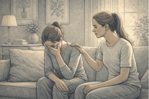 Person sitting beside a grieving friend on a sofa, offering quiet emotional support with a hand on their shoulder in a calm, softly lit living room.