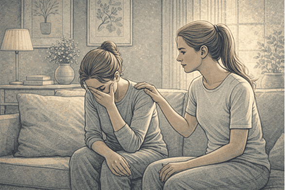 Person sitting beside a grieving friend on a sofa, offering quiet emotional support with a hand on their shoulder in a calm, softly lit living room.