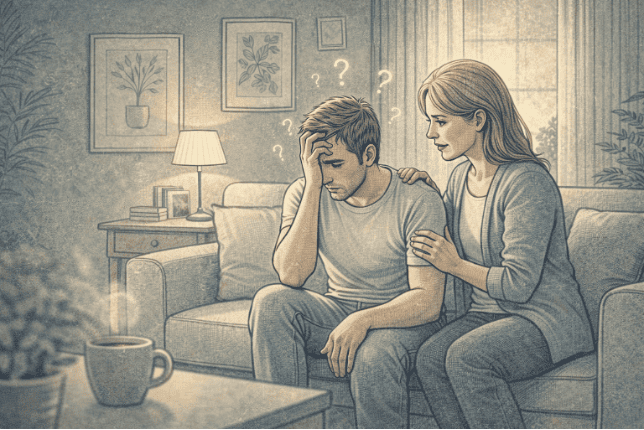 Person experiencing paranoid delusions receiving compassionate support from a trusted family member in a quiet, calm home setting.