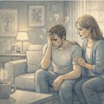Person experiencing paranoid delusions receiving compassionate support from a trusted family member in a quiet, calm home setting.