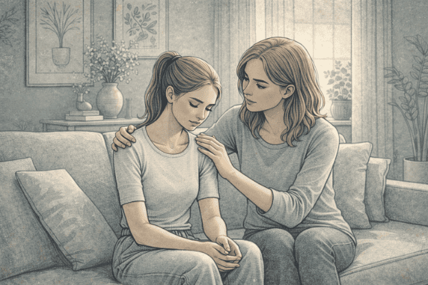 A concerned friend gently placing a hand on a loved one's shoulder during a supportive conversation in a bright, comfortable living room setting.