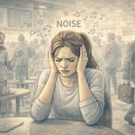 Adult sitting in a busy, brightly lit environment, covering their ears with both hands, showing visible ADHD overstimulation from the surrounding noise and activity.