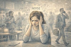 Adult sitting in a busy, brightly lit environment, covering their ears with both hands, showing visible ADHD overstimulation from the surrounding noise and activity.