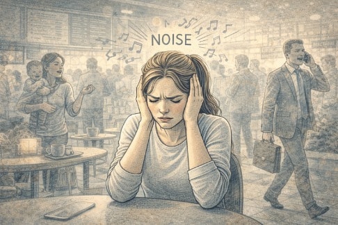 Adult sitting in a busy, brightly lit environment, covering their ears with both hands, showing visible ADHD overstimulation from the surrounding noise and activity.