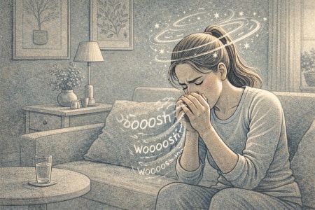 Woman on a couch practicing deep breathing through dizziness, with swirling lines above her head and "Woooosh" text visualizing her exhale.