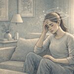 Young woman sitting on a couch holding her head with one hand, eyes closed, experiencing dizziness during an anxious moment in a softly lit living room.