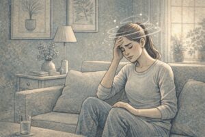 Young woman sitting on a couch holding her head with one hand, eyes closed, experiencing dizziness during an anxious moment in a softly lit living room.