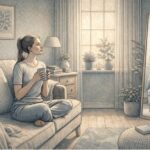 Person in recovery from anorexia sitting peacefully in a sunlit room, reflecting on their progress while holding a warm cup of tea, surrounded by a calm and supportive home environment.