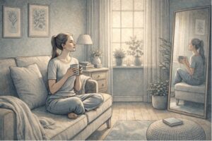 Person in recovery from anorexia sitting peacefully in a sunlit room, reflecting on their progress while holding a warm cup of tea, surrounded by a calm and supportive home environment.