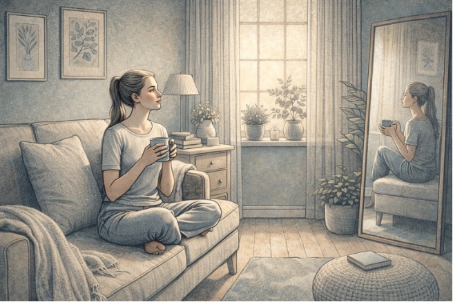 Person in recovery from anorexia sitting peacefully in a sunlit room, reflecting on their progress while holding a warm cup of tea, surrounded by a calm and supportive home environment.