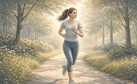 Woman jogging along a tree-lined path on a sunny morning, using physical exercise to manage racing thoughts and boost focus.