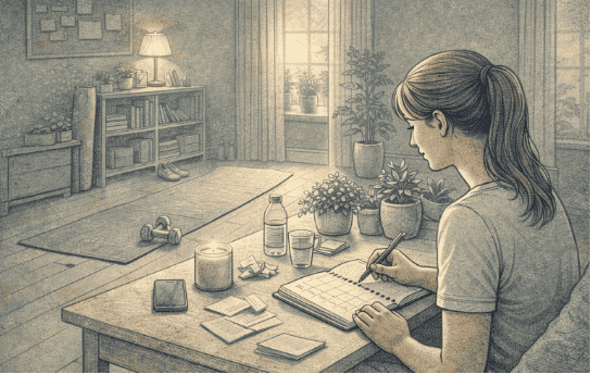 Person writing in a daily planner and practicing mindful self-care routines at home, demonstrating practical strategies for managing depression and gradually restoring motivation through consistent structure.