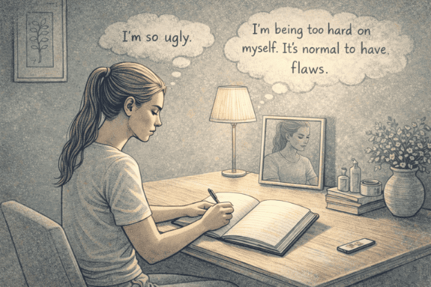 Young woman writing in a journal at a desk, using cognitive behavioral techniques to identify and challenge negative thoughts about her appearance.