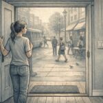 Person standing hesitantly at an open doorway, looking out toward a busy street while gripping the door frame, capturing the anxiety and avoidance associated with agoraphobia.