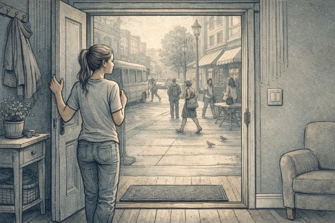 Person standing hesitantly at an open doorway, looking out toward a busy street while gripping the door frame, capturing the anxiety and avoidance associated with agoraphobia.