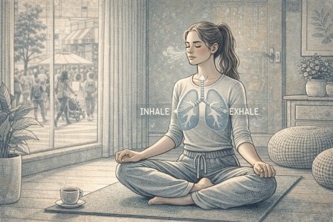 Person sitting cross-legged on a yoga mat, practicing deep breathing with eyes closed, using mindfulness to manage anxiety symptoms related to agoraphobia.