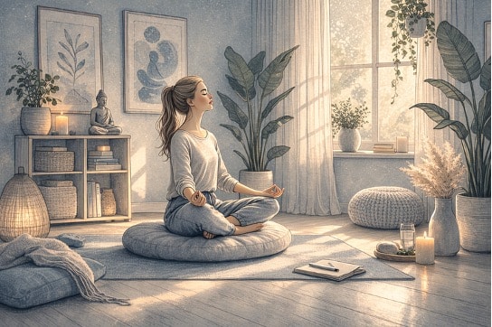 Person practicing mindfulness meditation in a quiet, well-lit therapy room, seated on a cushion with eyes closed and a calm expression, actively engaging in a body-based recovery practice.