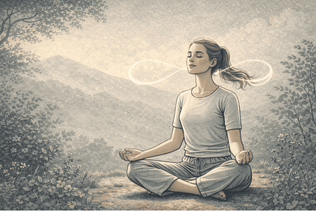 Person sitting cross-legged outdoors practicing deep breathing and mindfulness meditation, using grounding techniques to manage body image-related anxiety.