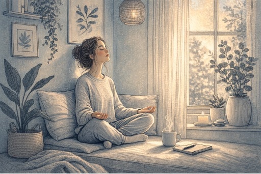 Person sitting by a window practicing deep breathing with their eyes closed and hands resting on their knees, using a grounding technique to manage overwhelming emotions.