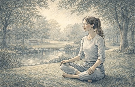 Person sitting cross-legged outdoors with eyes closed, practicing a mindfulness grounding exercise in a peaceful park setting.