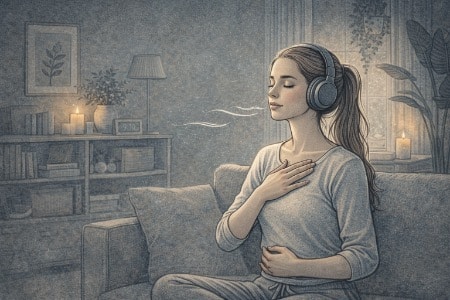 Young adult wearing noise-canceling headphones while practicing slow, deep breathing with eyes closed in a quiet, dimly lit room.